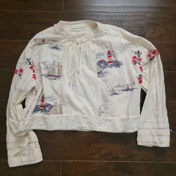 Free People Ships And Sails Embroidered Top Womens L Nautical Floral Boho Chic - Picture 3 of 9